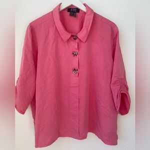French Dressing Jeans Heart Button Up Collared Pink 3/4 Sleeve Shirt Size 18